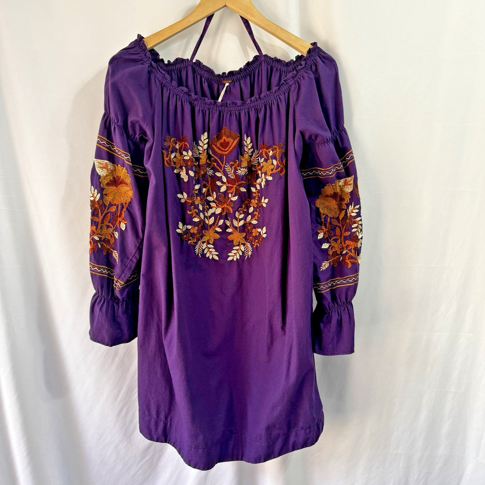 FREE PEOPLE Mini Dress Large Fleur du Jour Embroidered Tunic Purple Boho Peasant